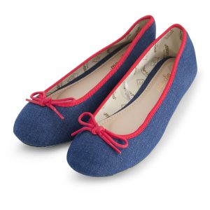נעלי בלרינה / נעלי בובה צבע גינס עם סרט אדום Denim Cherry