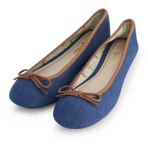 נעלי בלרינה נעלי בובה צבע גינס עם סרט חום Denim Chestnut