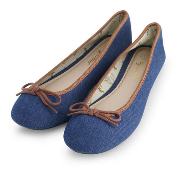 נעלי בלרינה נעלי בובה צבע גינס עם סרט חום Denim Chestnut